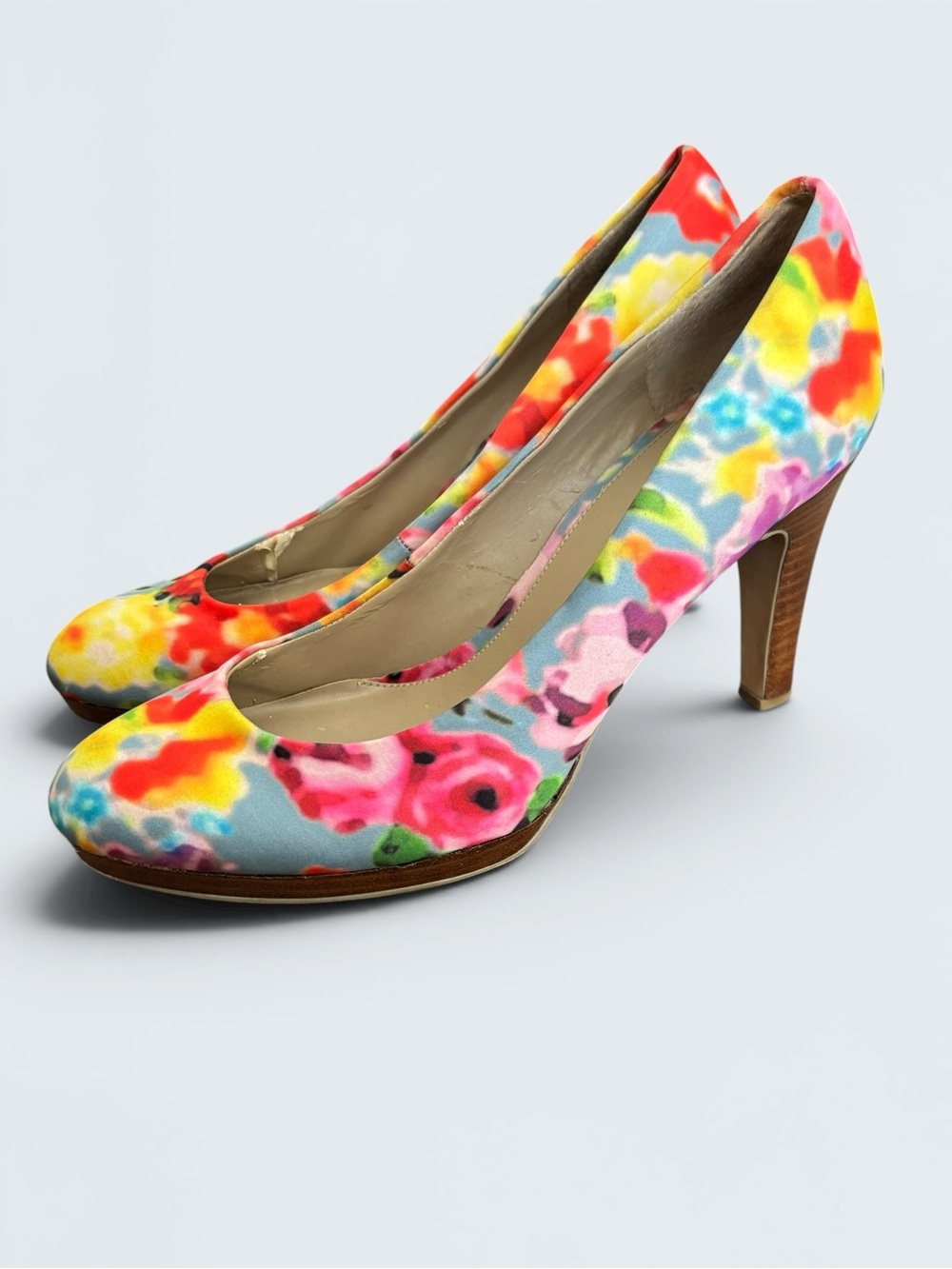 Multicolor Pastel Floral Watercolor Platform Pumps Wood Stacked Heel Size 9